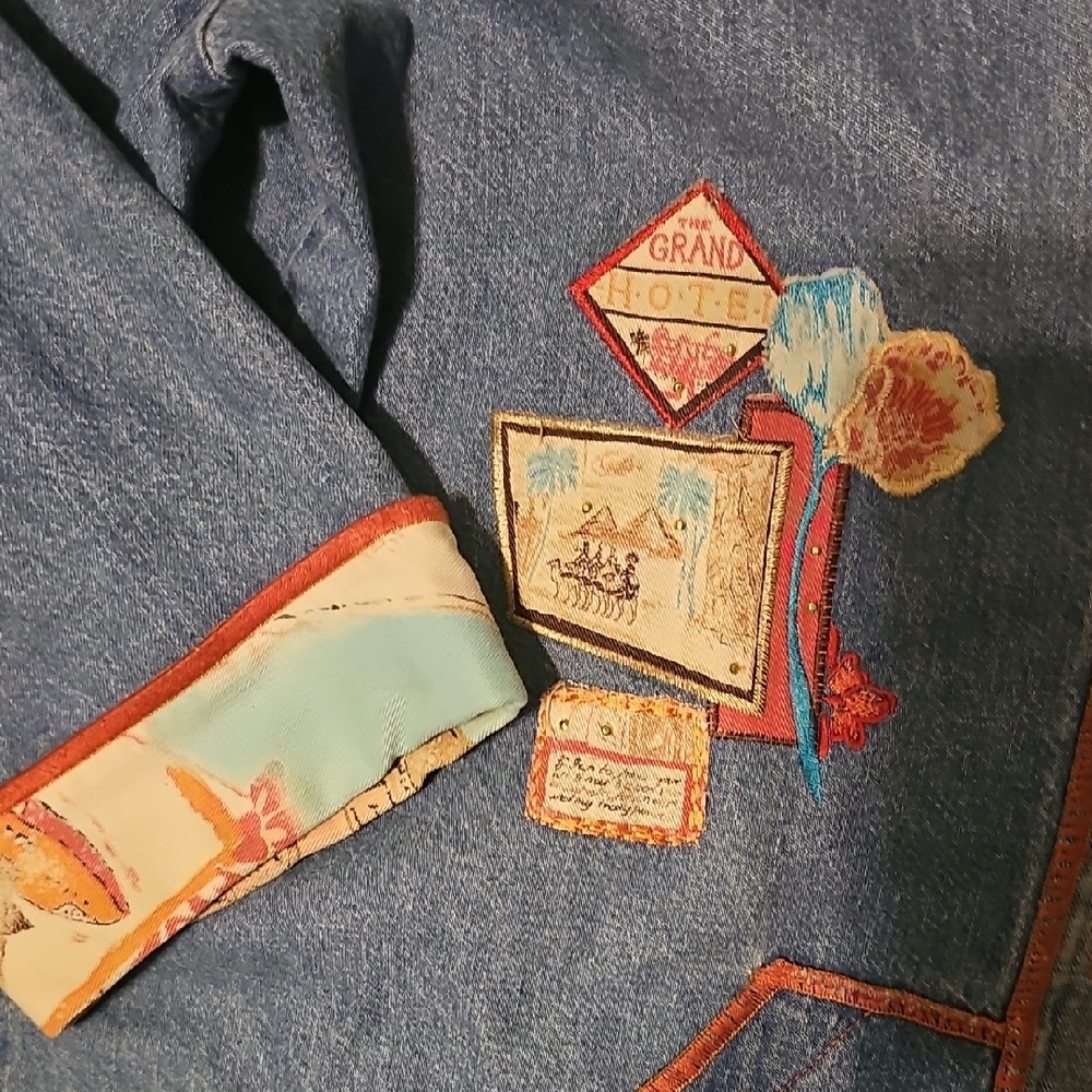 VINTAGE 80s Nancy Bolen City Girl Denim shirt Large Patch Embroidery Orange Trim - Picture 4 of 9